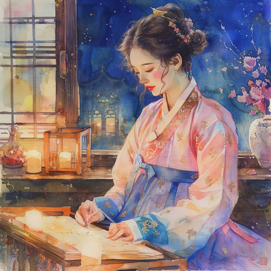 Moonlit Letters: Korean Maiden at Her Writing Desk