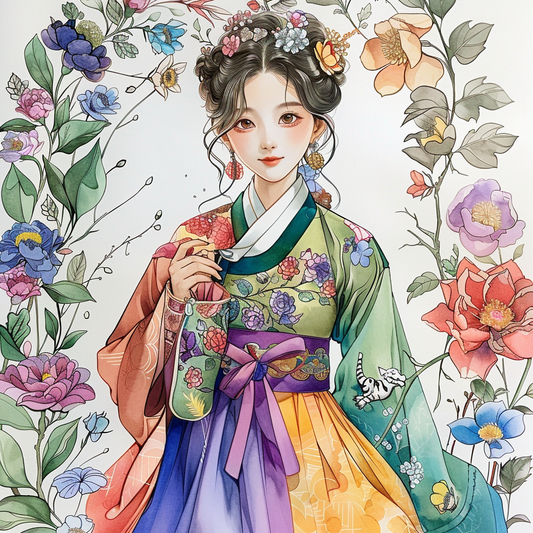 Rainbow Grace – The Blossom Maiden in Hanbok Splendor
