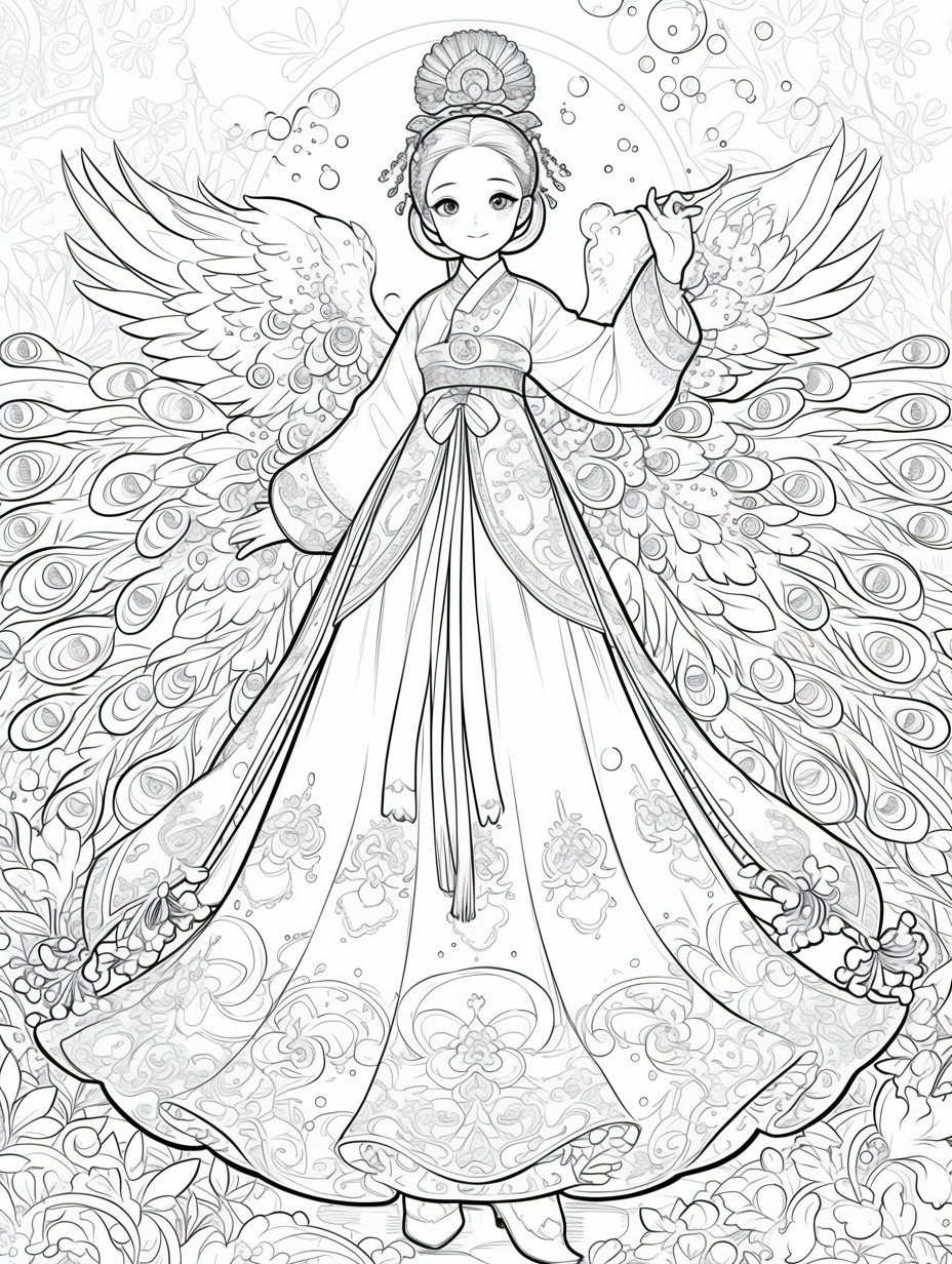 Korean Hanbok Fantasy with Peacock Wings