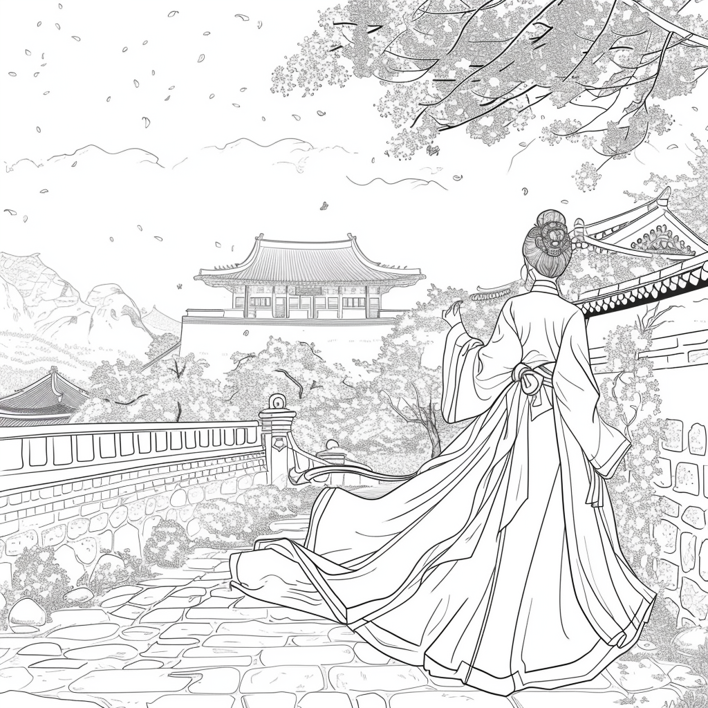 Spring Reverie: Hanbok Lady Overlooking the Palace