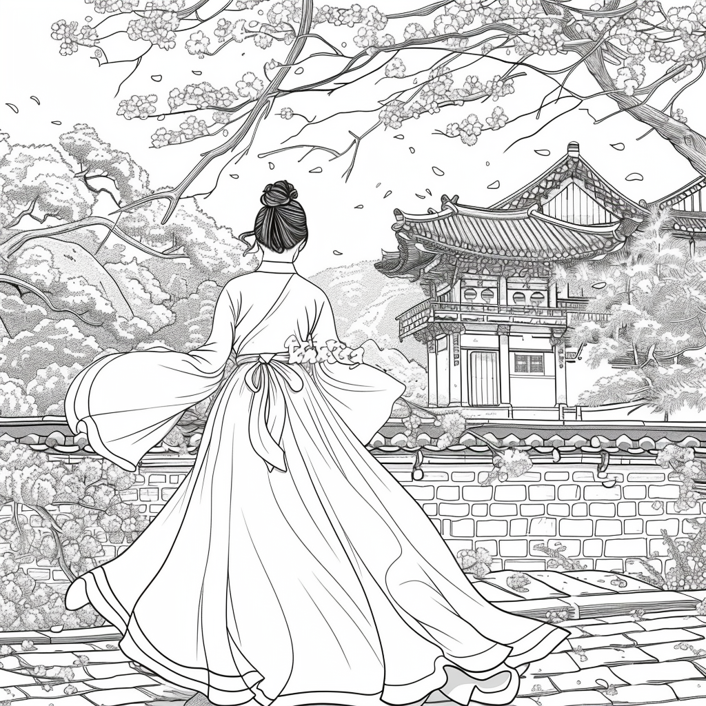 Spring Reverie: Hanbok Lady Overlooking the Palace