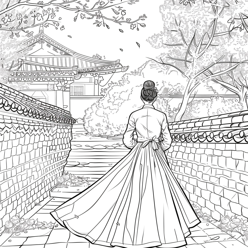 Spring Reverie: Hanbok Lady Overlooking the Palace