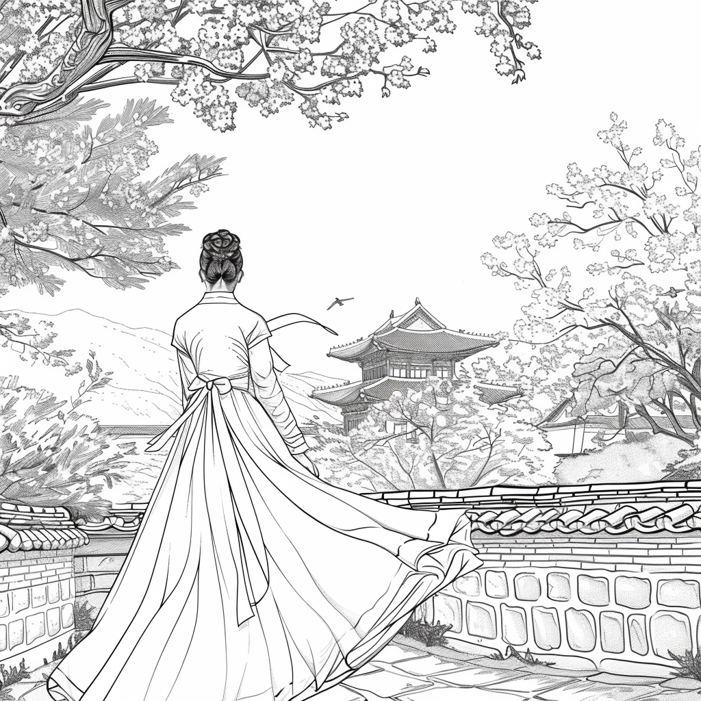 Spring Reverie: Hanbok Lady Overlooking the Palace