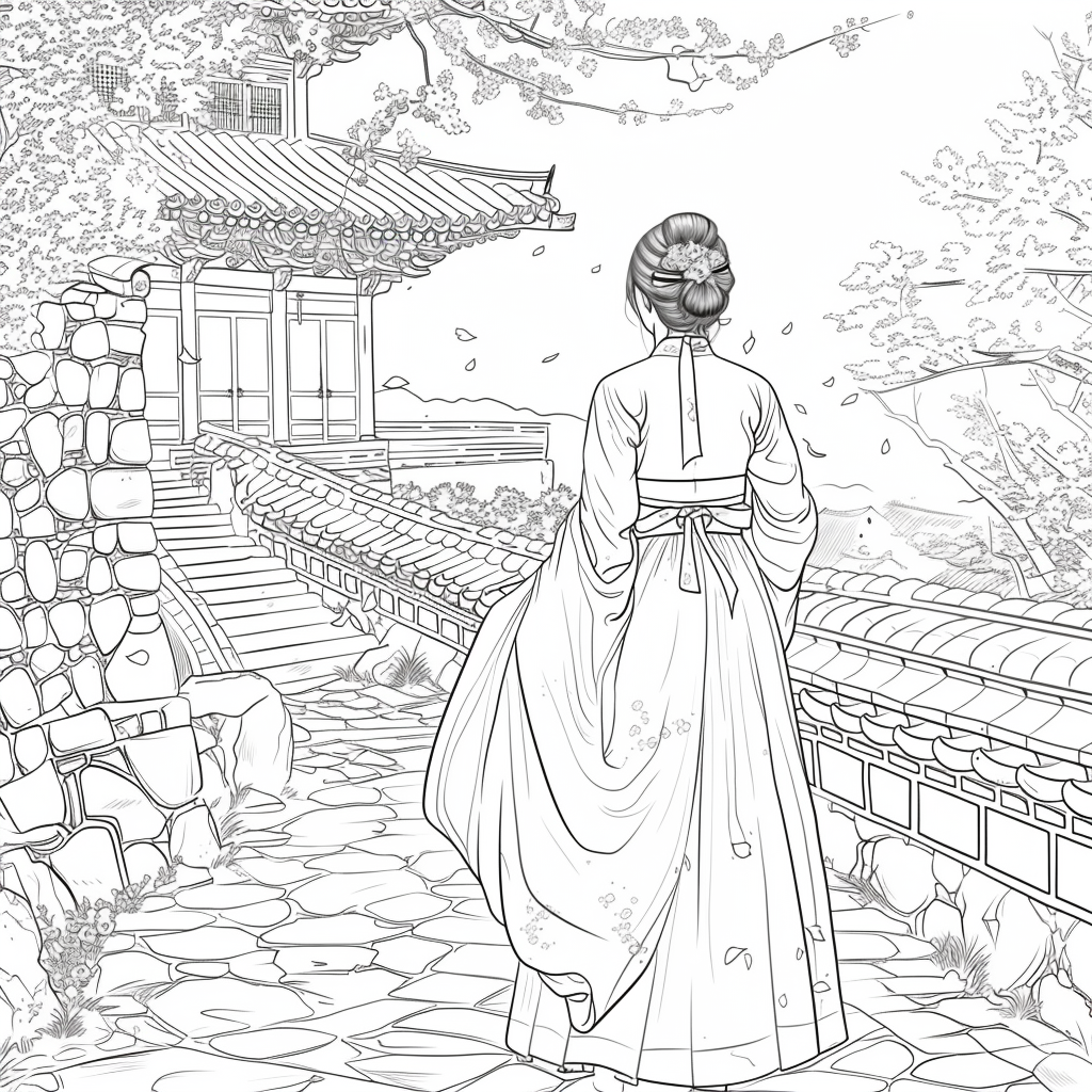 Spring Reverie: Hanbok Lady Overlooking the Palace