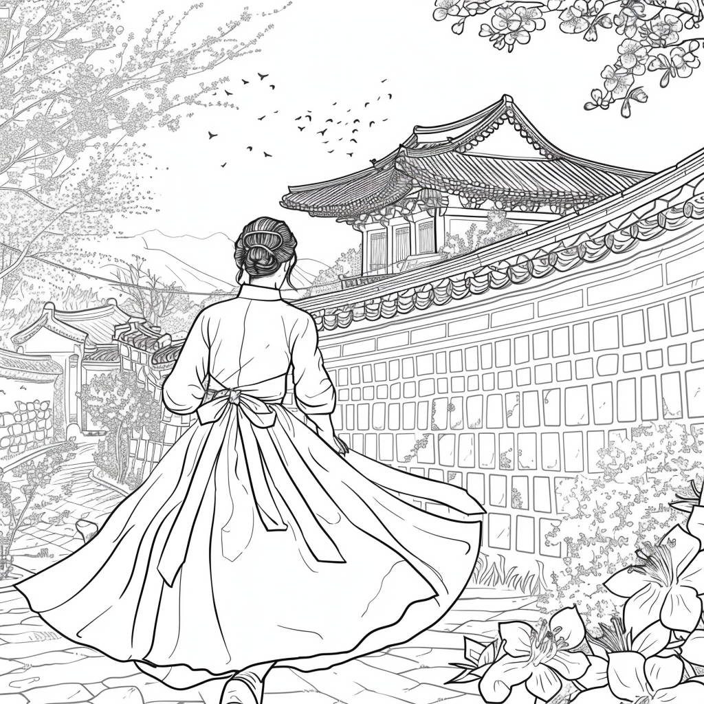 Spring Reverie: Hanbok Lady Overlooking the Palace