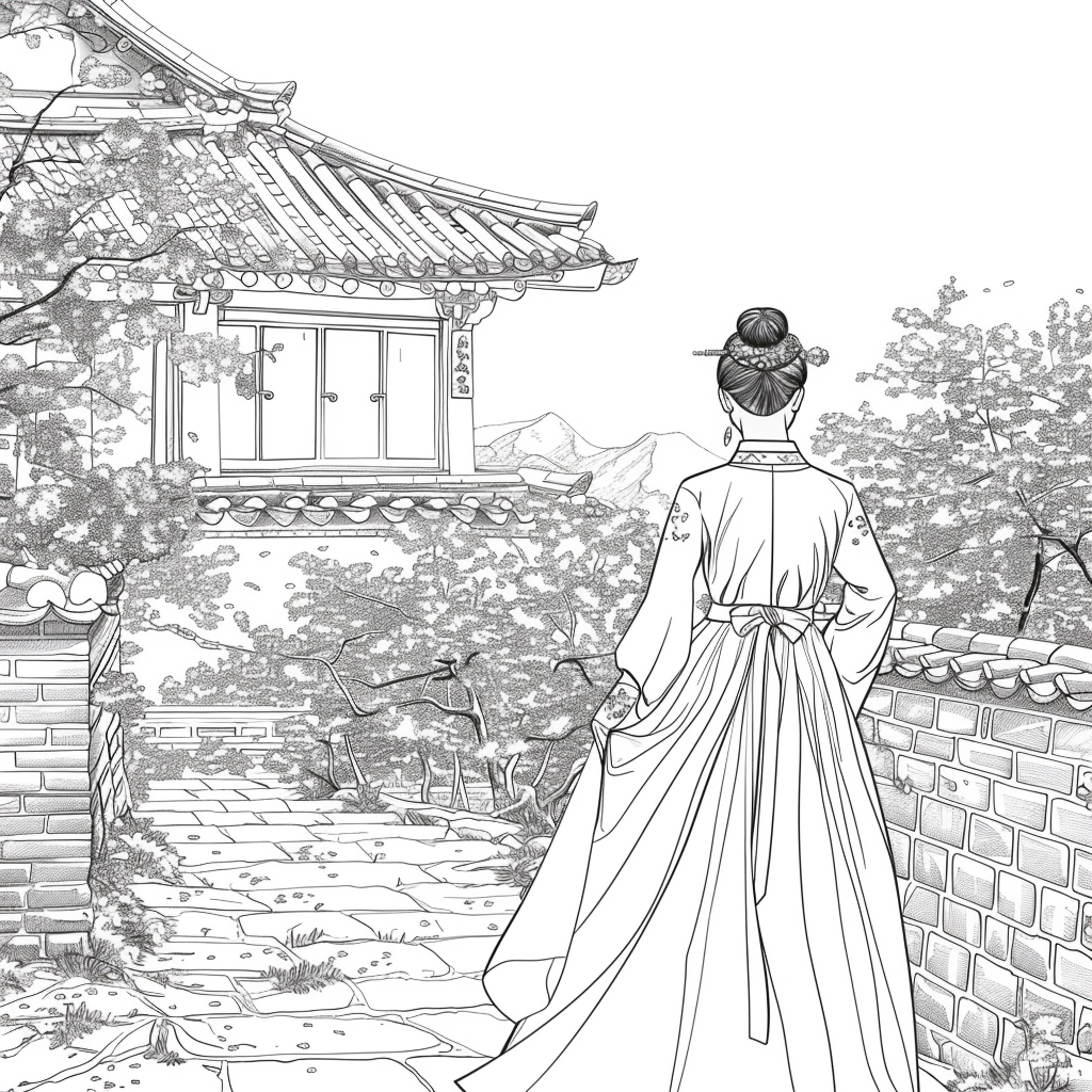 Spring Reverie: Hanbok Lady Overlooking the Palace