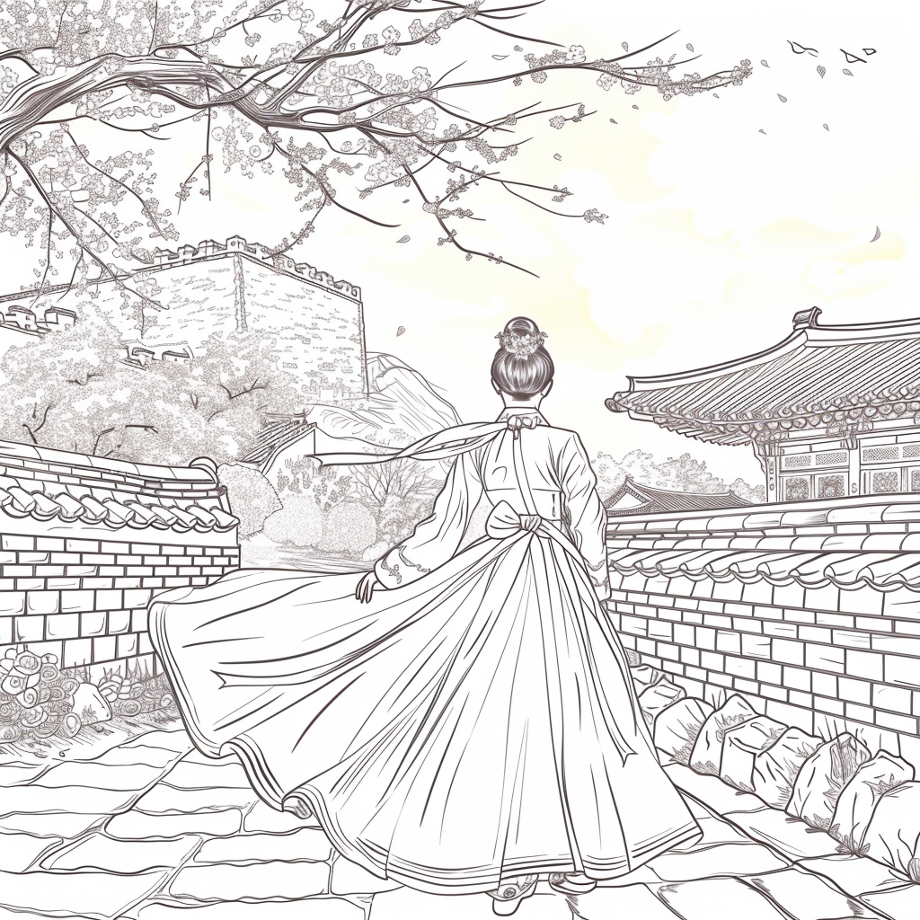 Spring Reverie: Hanbok Lady Overlooking the Palace
