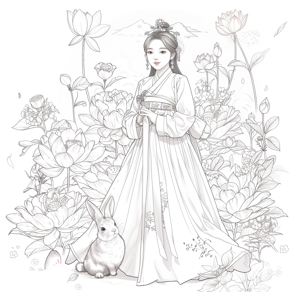 Lotus Maiden in Hanbok with White Rabbit