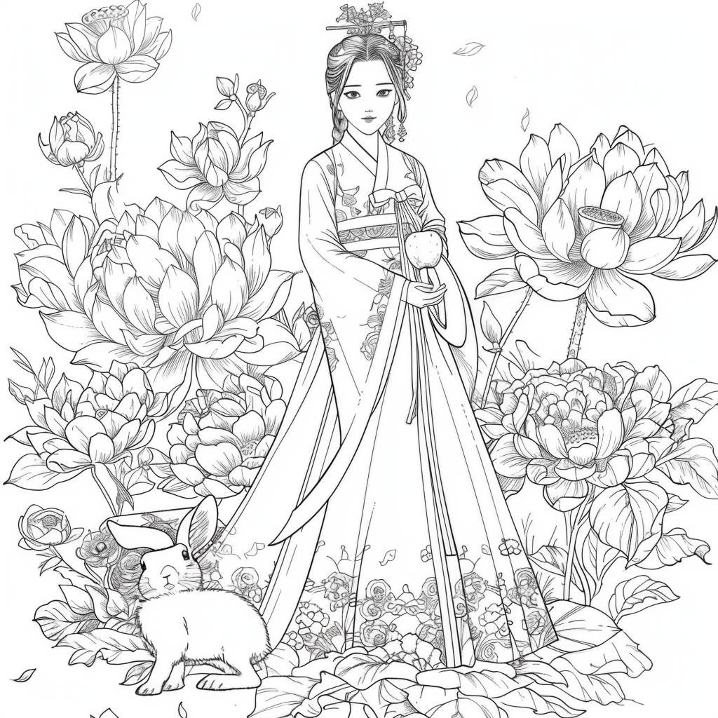 Lotus Maiden in Hanbok with White Rabbit