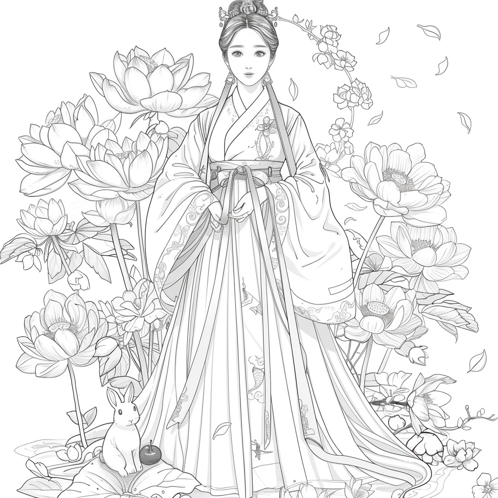 Lotus Maiden in Hanbok with White Rabbit