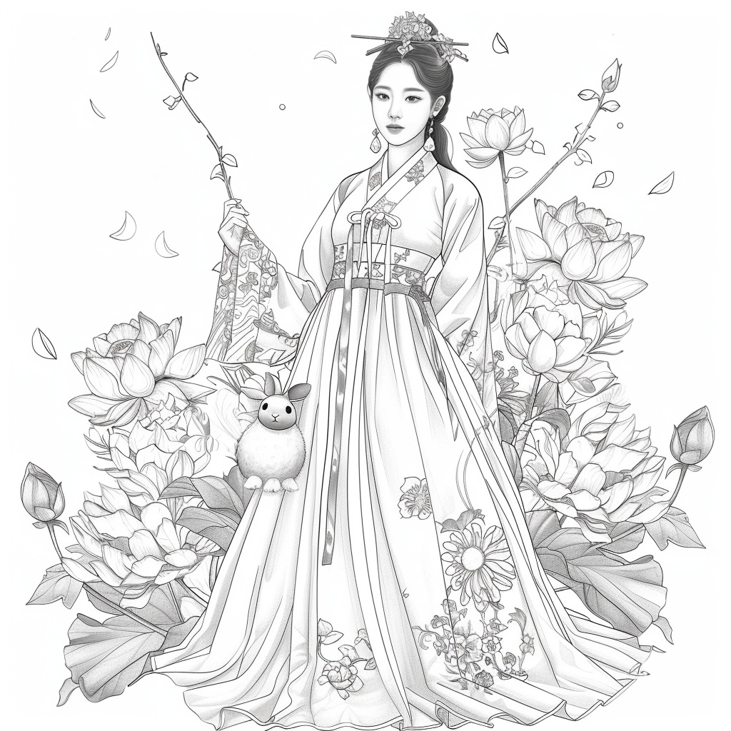 Lotus Maiden in Hanbok with White Rabbit