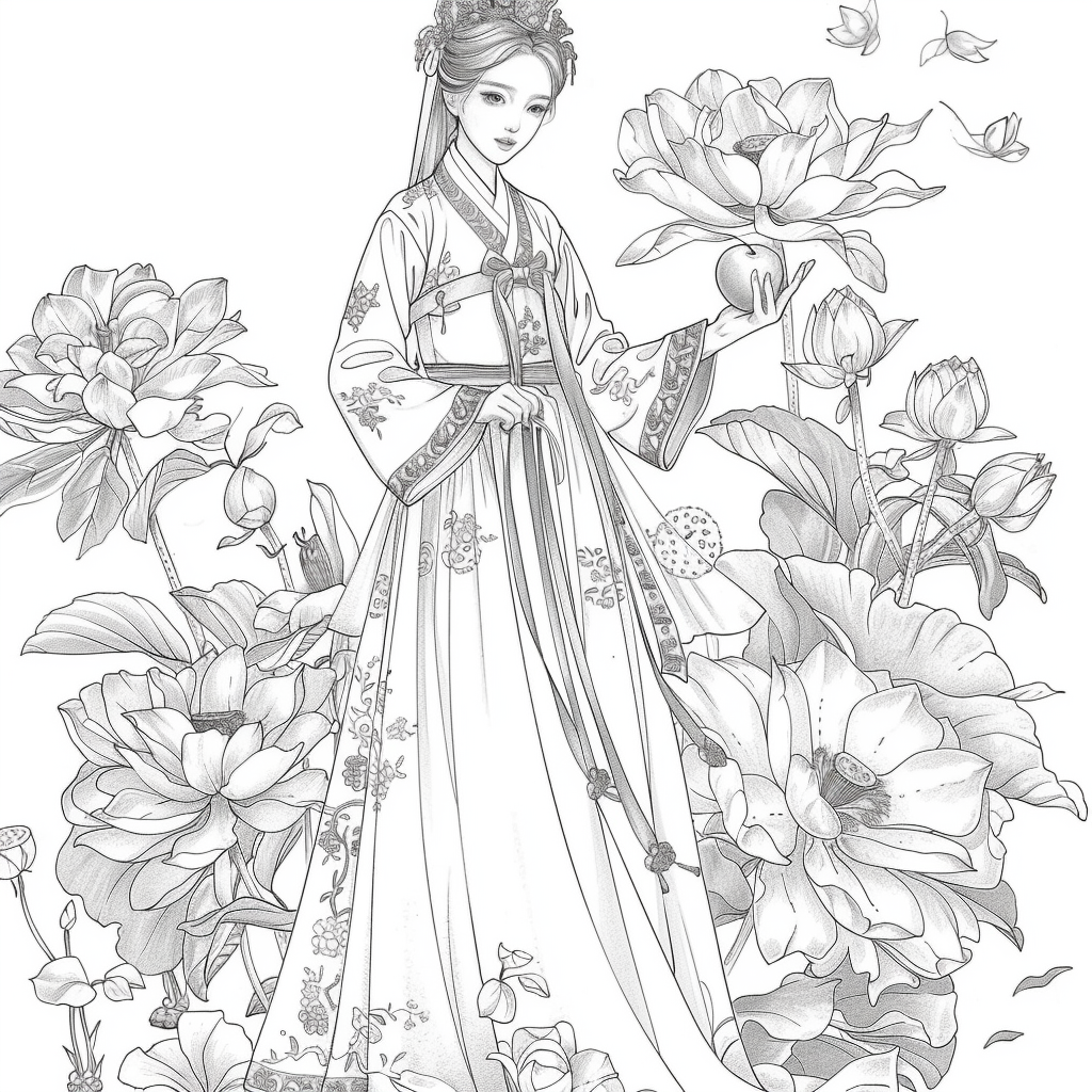 Lotus Maiden in Hanbok with White Rabbit
