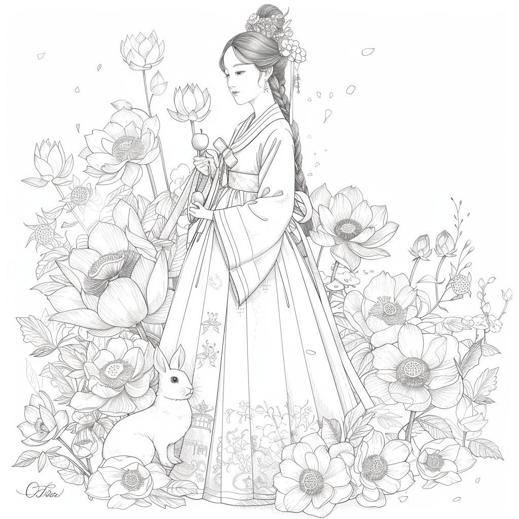 Lotus Maiden in Hanbok with White Rabbit