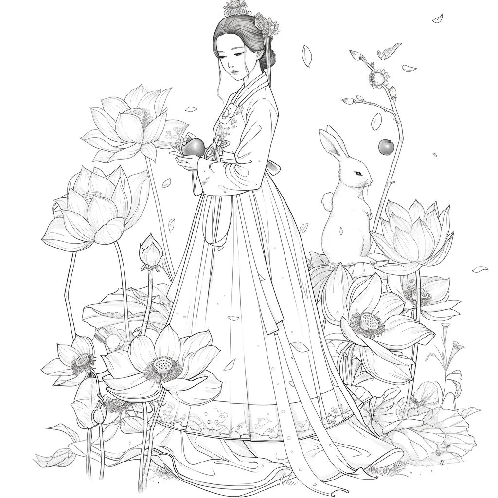 Lotus Maiden in Hanbok with White Rabbit
