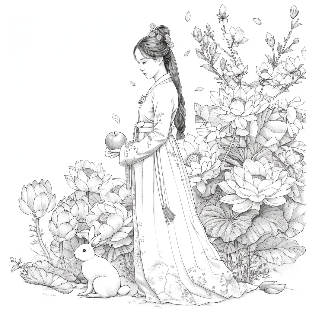 Lotus Maiden in Hanbok with White Rabbit