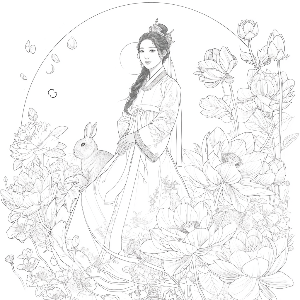 Lotus Maiden in Hanbok with White Rabbit