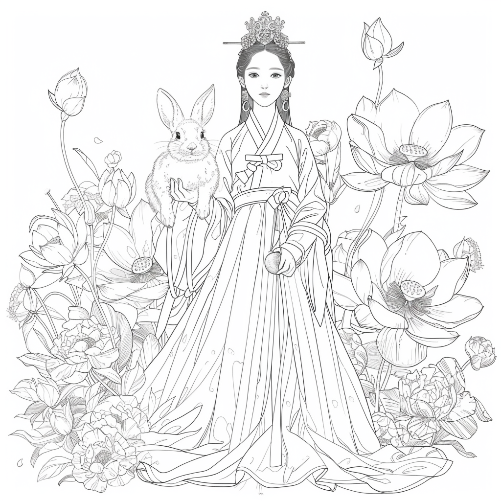 Lotus Maiden in Hanbok with White Rabbit