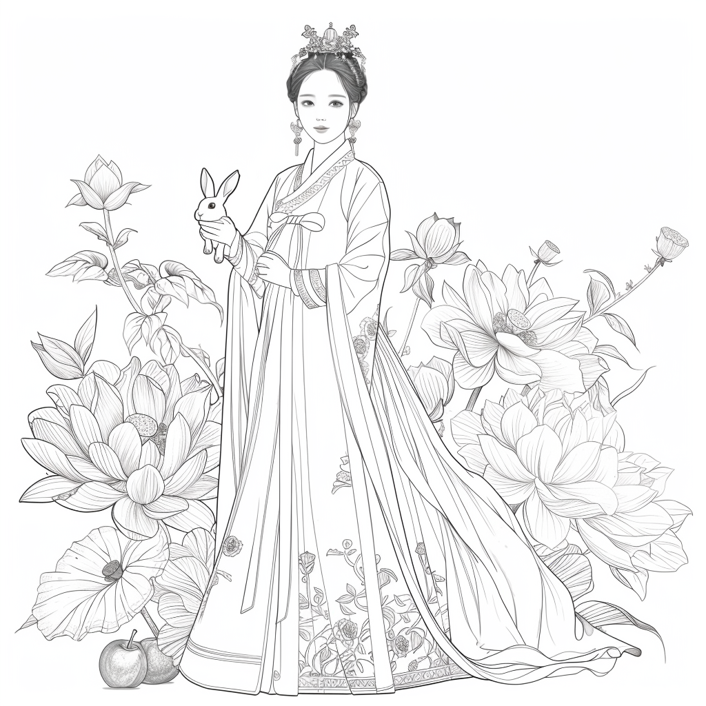 Lotus Maiden in Hanbok with White Rabbit