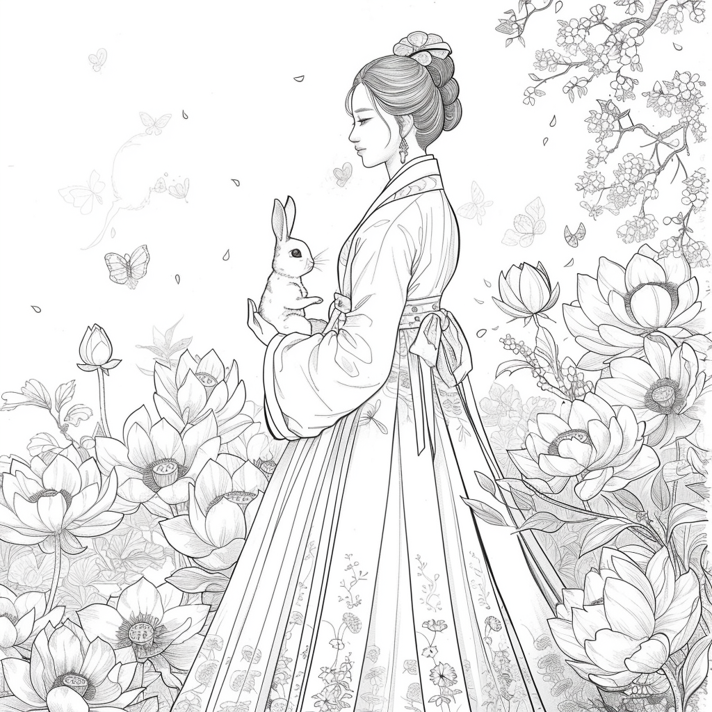 Lotus Maiden in Hanbok with White Rabbit