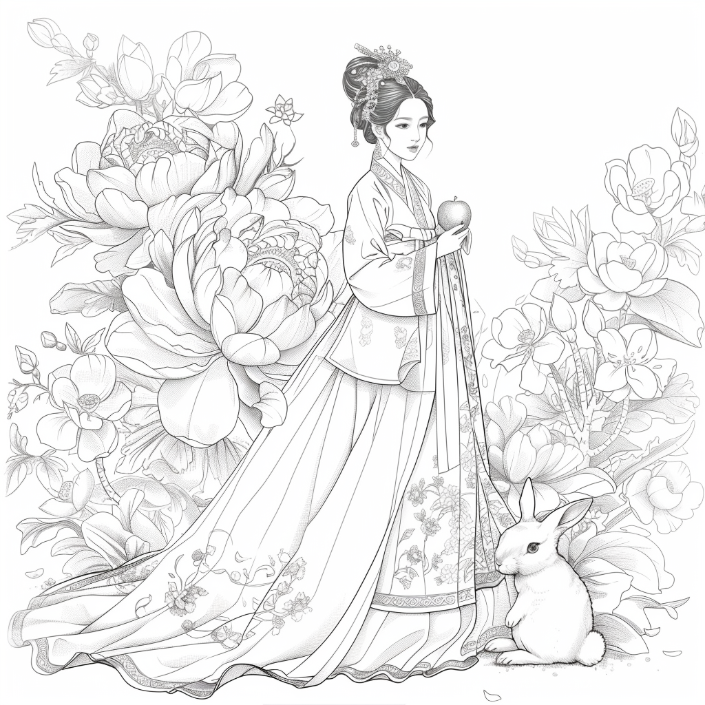Lotus Maiden in Hanbok with White Rabbit