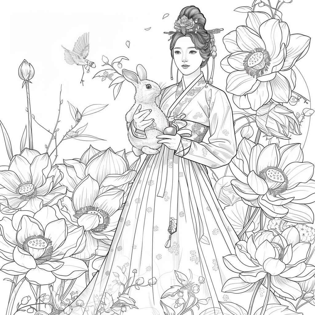 Lotus Maiden in Hanbok with White Rabbit