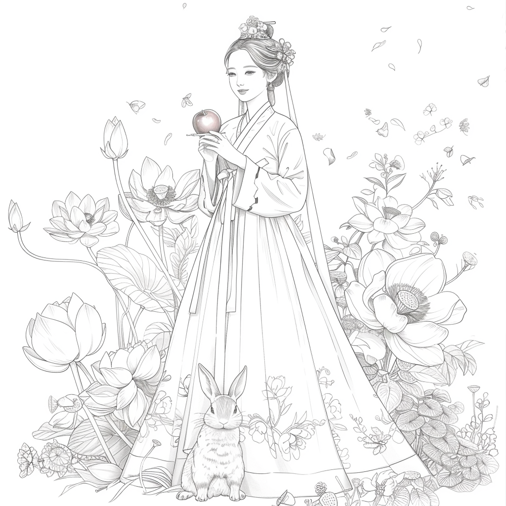 Lotus Maiden in Hanbok with White Rabbit