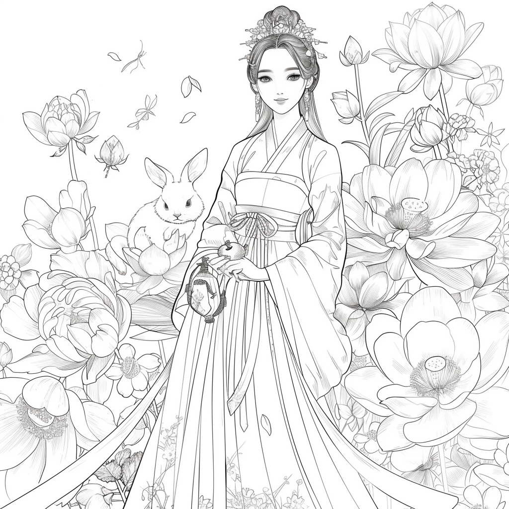 Lotus Maiden in Hanbok with White Rabbit