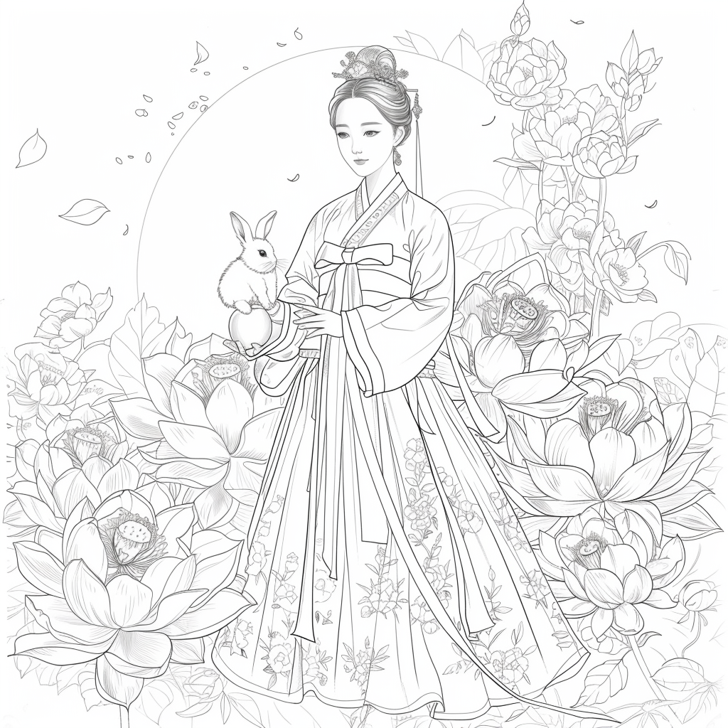 Lotus Maiden in Hanbok with White Rabbit