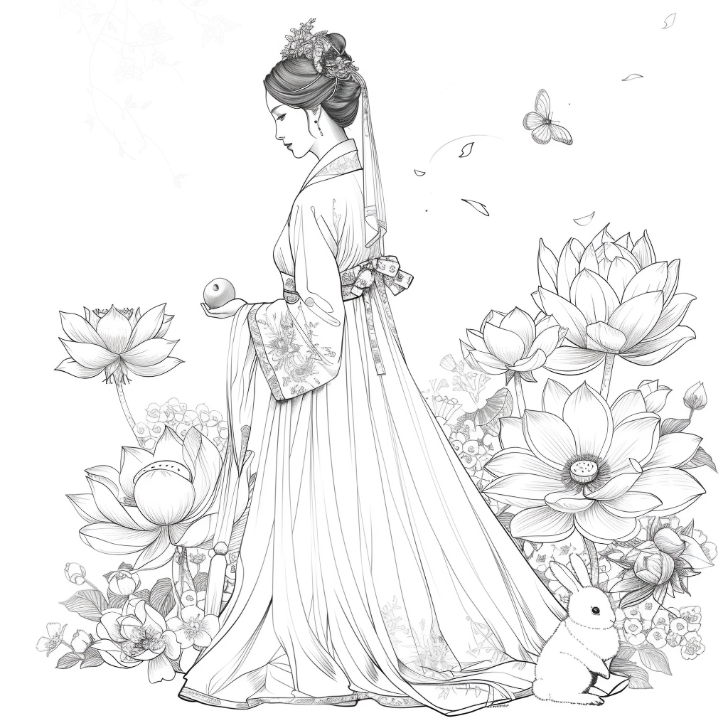 Lotus Maiden in Hanbok with White Rabbit