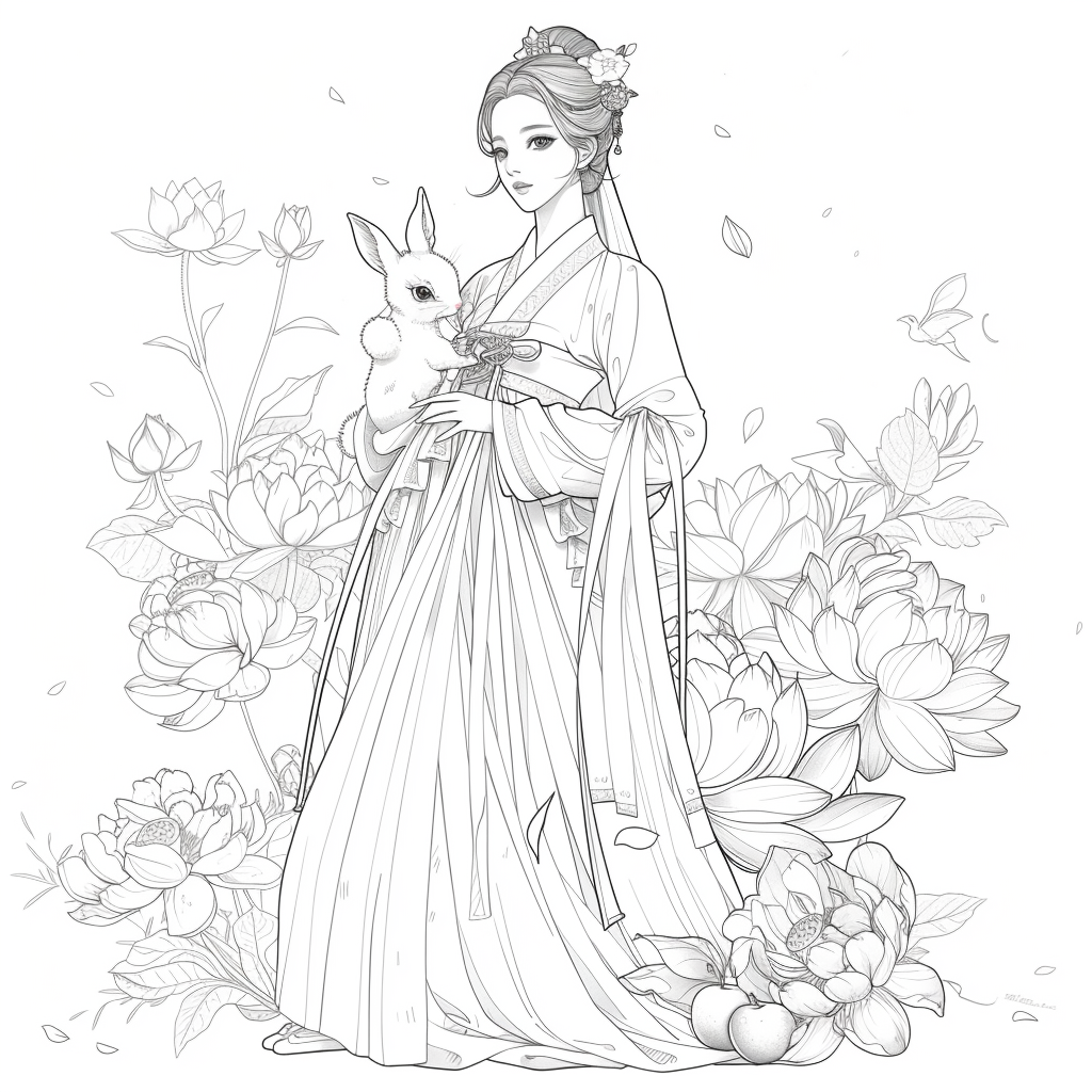 Lotus Maiden in Hanbok with White Rabbit