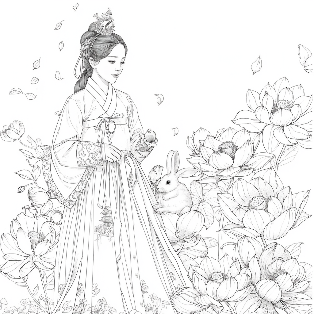 Lotus Maiden in Hanbok with White Rabbit