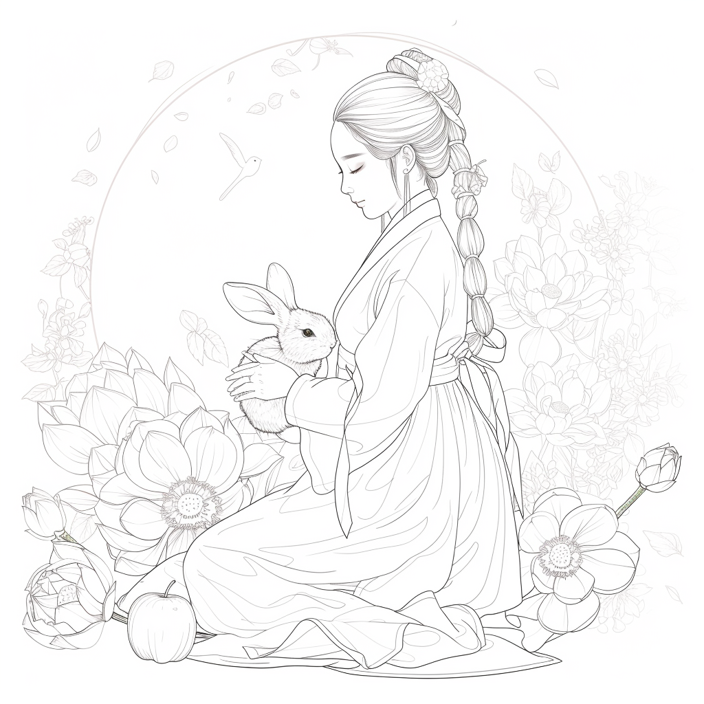 Lotus Maiden in Hanbok with White Rabbit