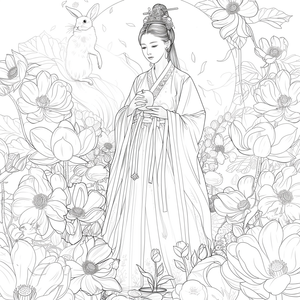Lotus Maiden in Hanbok with White Rabbit
