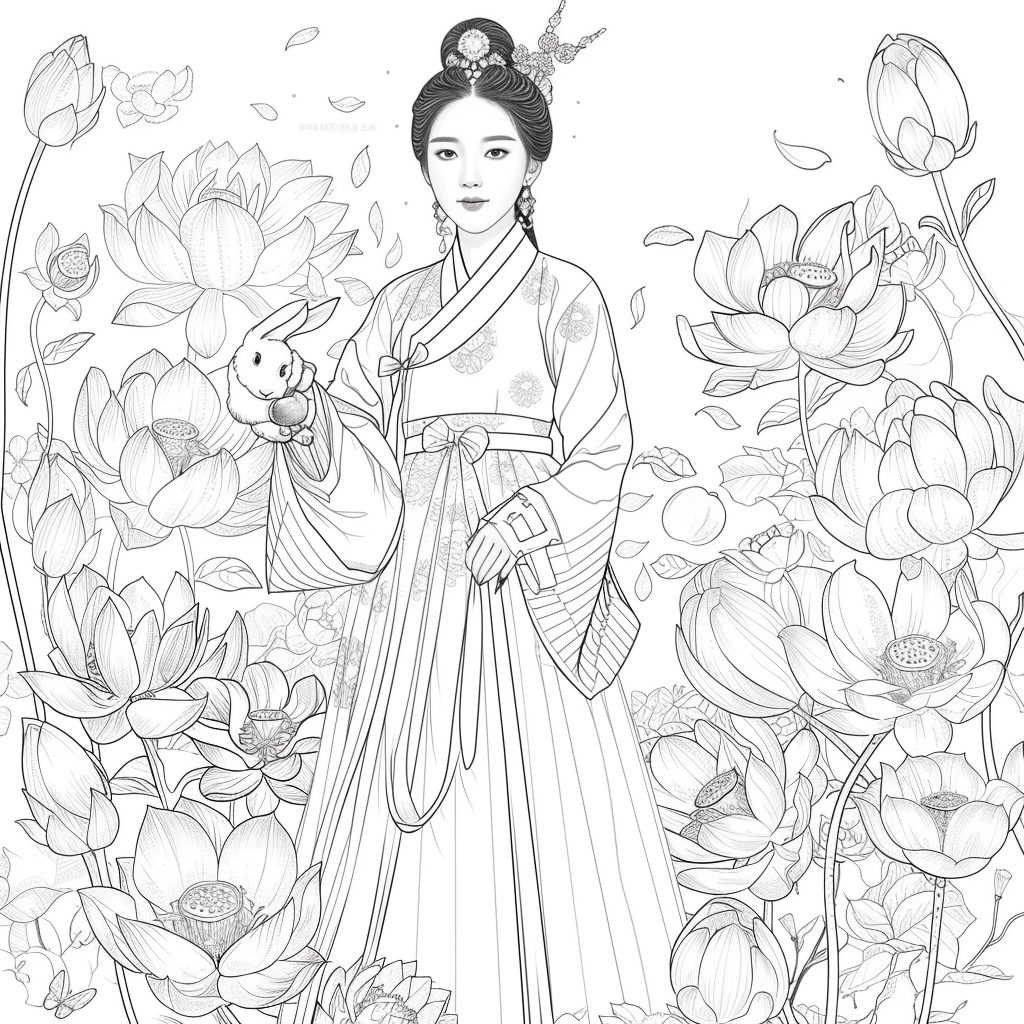 Lotus Maiden in Hanbok with White Rabbit