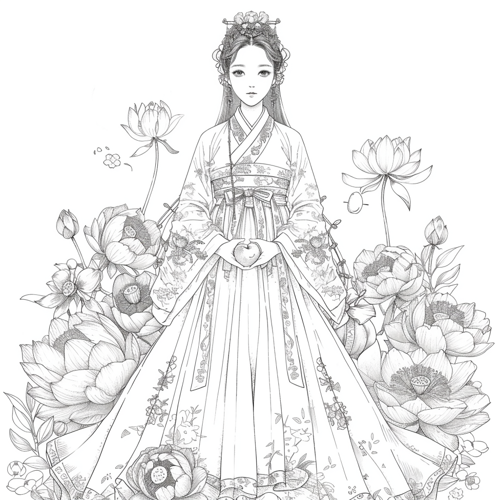 Lotus Maiden in Hanbok with White Rabbit