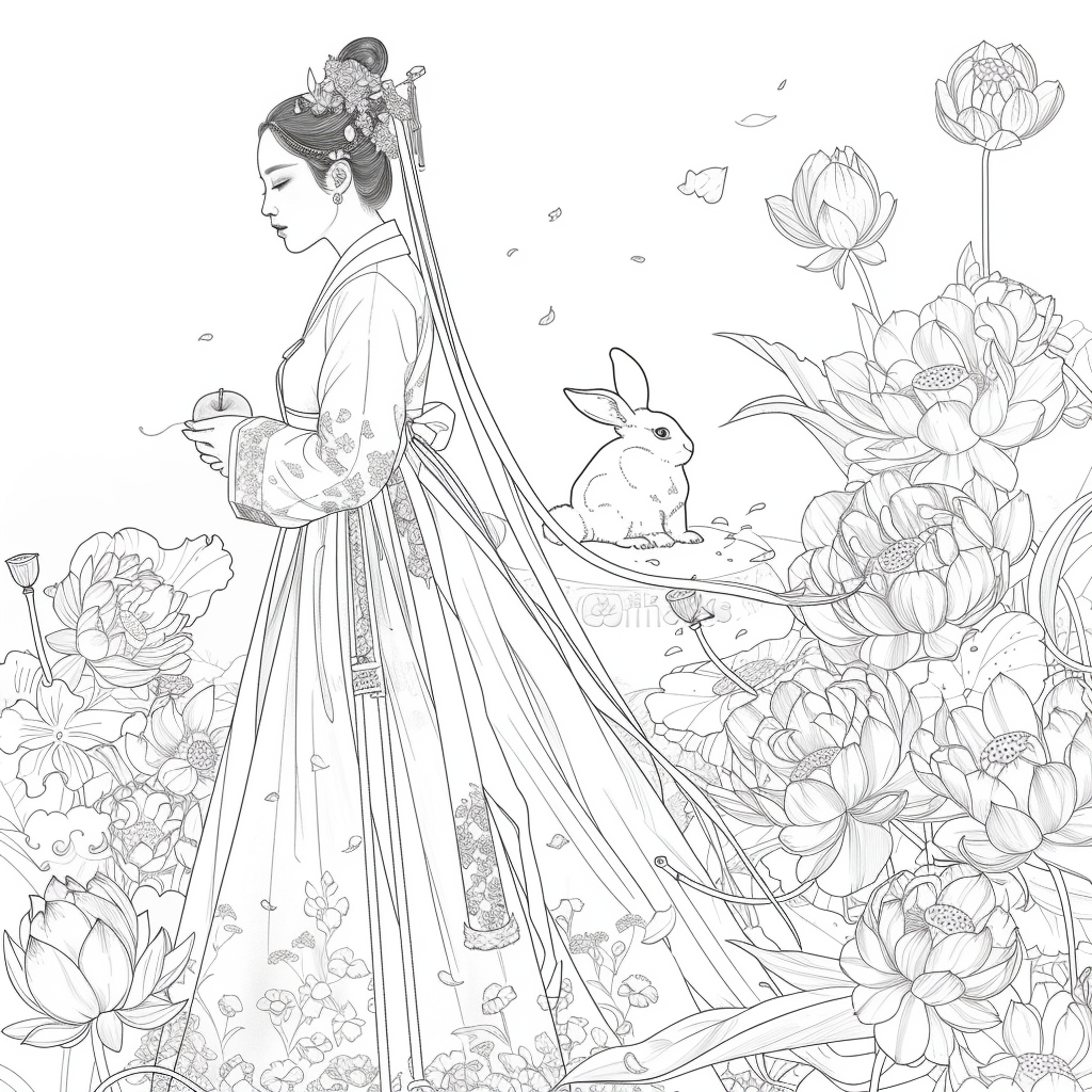 Lotus Maiden in Hanbok with White Rabbit