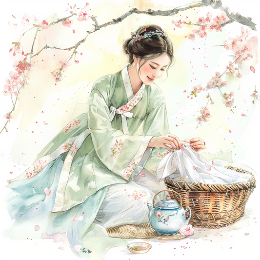 Spring Serenity: Maiden in Hanbok with Tea and Blossoms